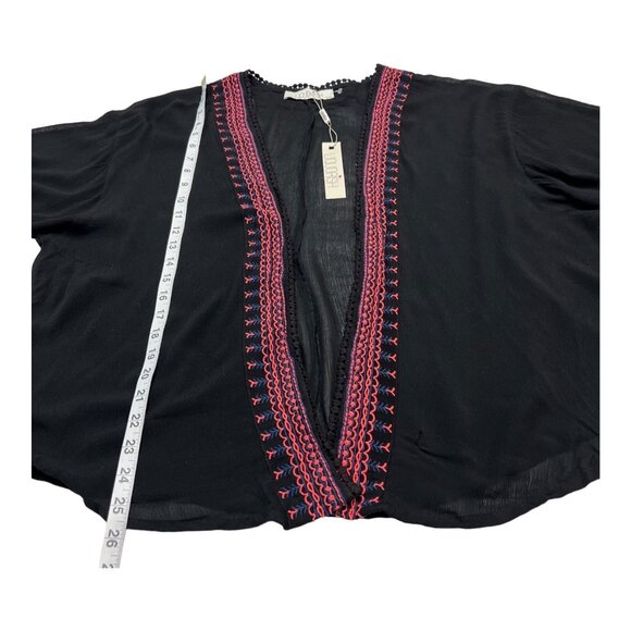 Liquorish Kimono Womens S/M Black Gauzy Pink Embroidered‎ Trim Cover Up Boho - Picture 4 of 6